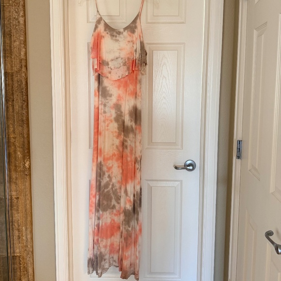 Strappy pink, ivory, grey tie-dye jersey knit  maxi dress with ruffled bodice M - Picture 3 of 4